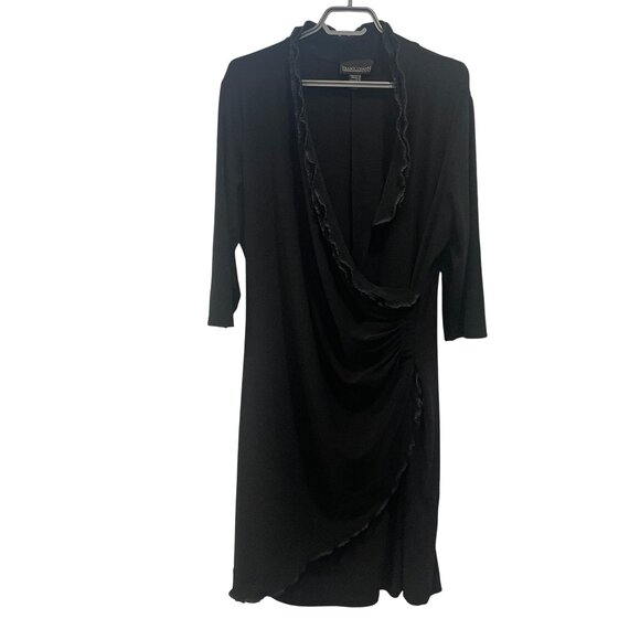 Frank Lyman Black Faux Wrap Midi Dress Lace Trim ¾ Sleeve Ruffle Cocktail Sz 18 - Picture 3 of 9